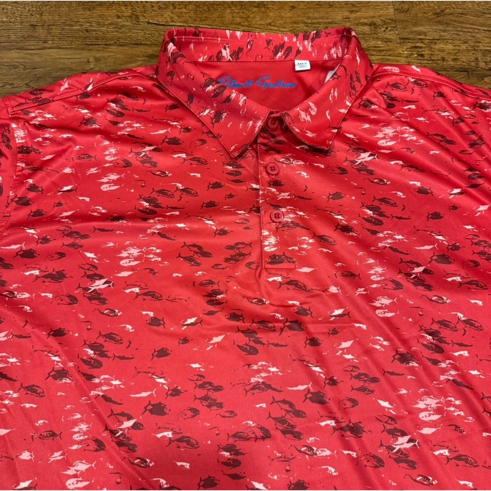 Robert Graham Red Fish Print Casual Preppy Performance Golf Polo Shirt‎ Men 3XLT